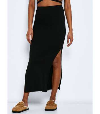 Noisy May Black Ribbed Split Hem Midi Skirt