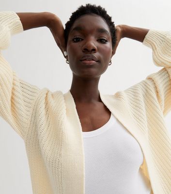 Off White Stitch Knit Balloon Sleeve Cardigan New Look