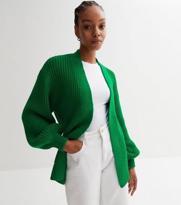 Dark Green Stitch Knit Balloon Sleeve Cardigan