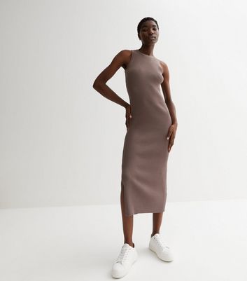 Mink Ribbed Knit Sleeveless Midi Dress