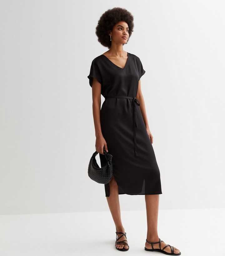 VILA Black Satin V Neck Tie Waist Midi Dress | Look