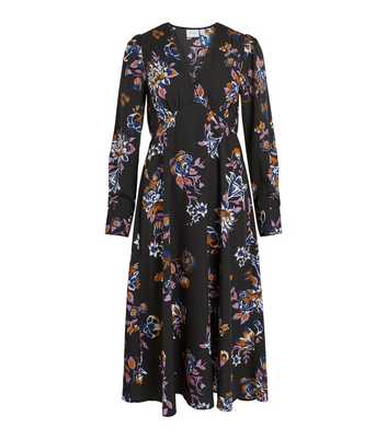 VILA Black Floral Lace Trim Long Sleeve Midi Dress