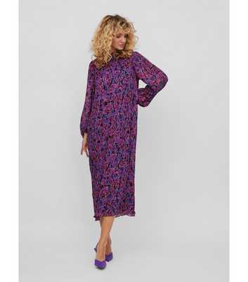 VILA Purple Floral Plissé High Neck Long Puff Sleeve Midi Dress