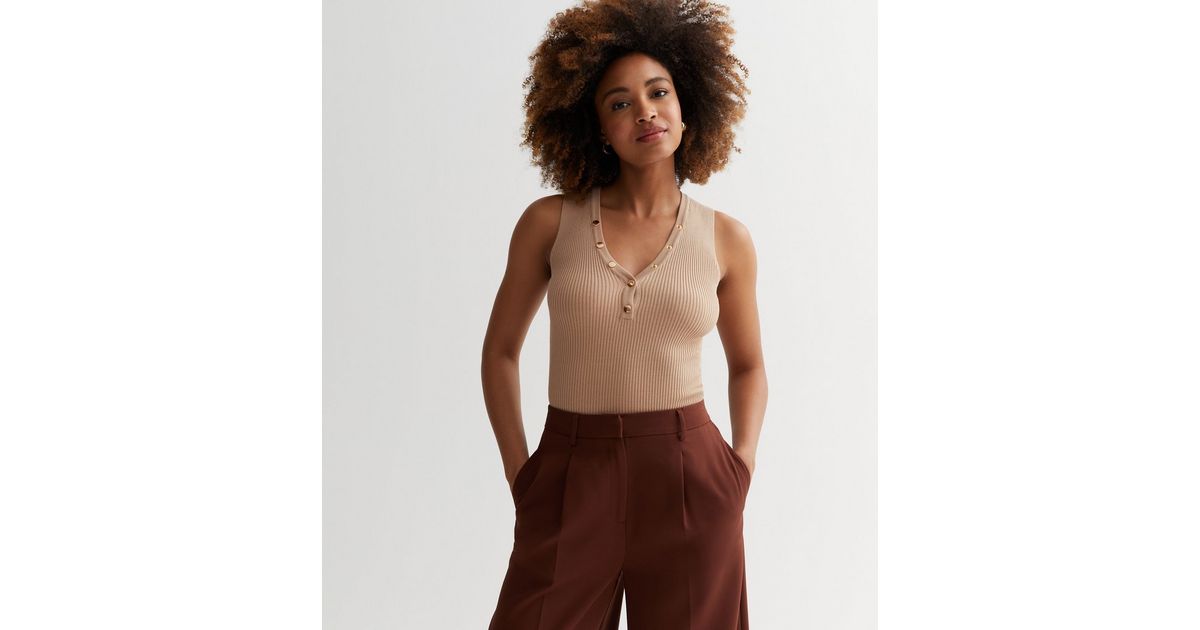 Camel Ribbed Knit Popper Front Vest | New Look