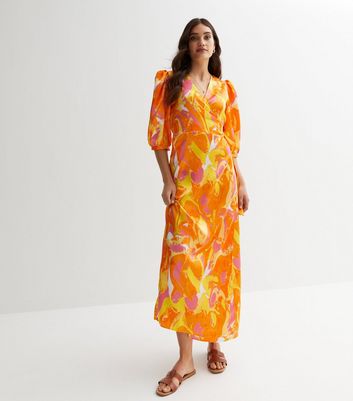 VILA Orange Abstract Satin Midi Wrap Dress