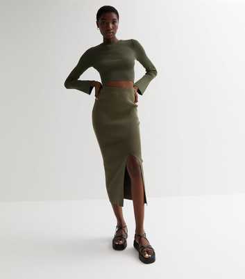 Khaki Ribbed Knit High Waist Split Hem Midi Skirt