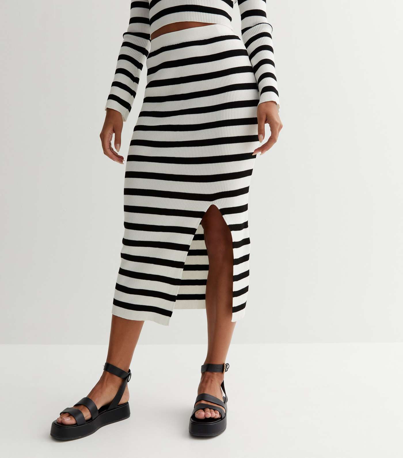 White Stripe Ribbed Knit Midi Skirt Image 2