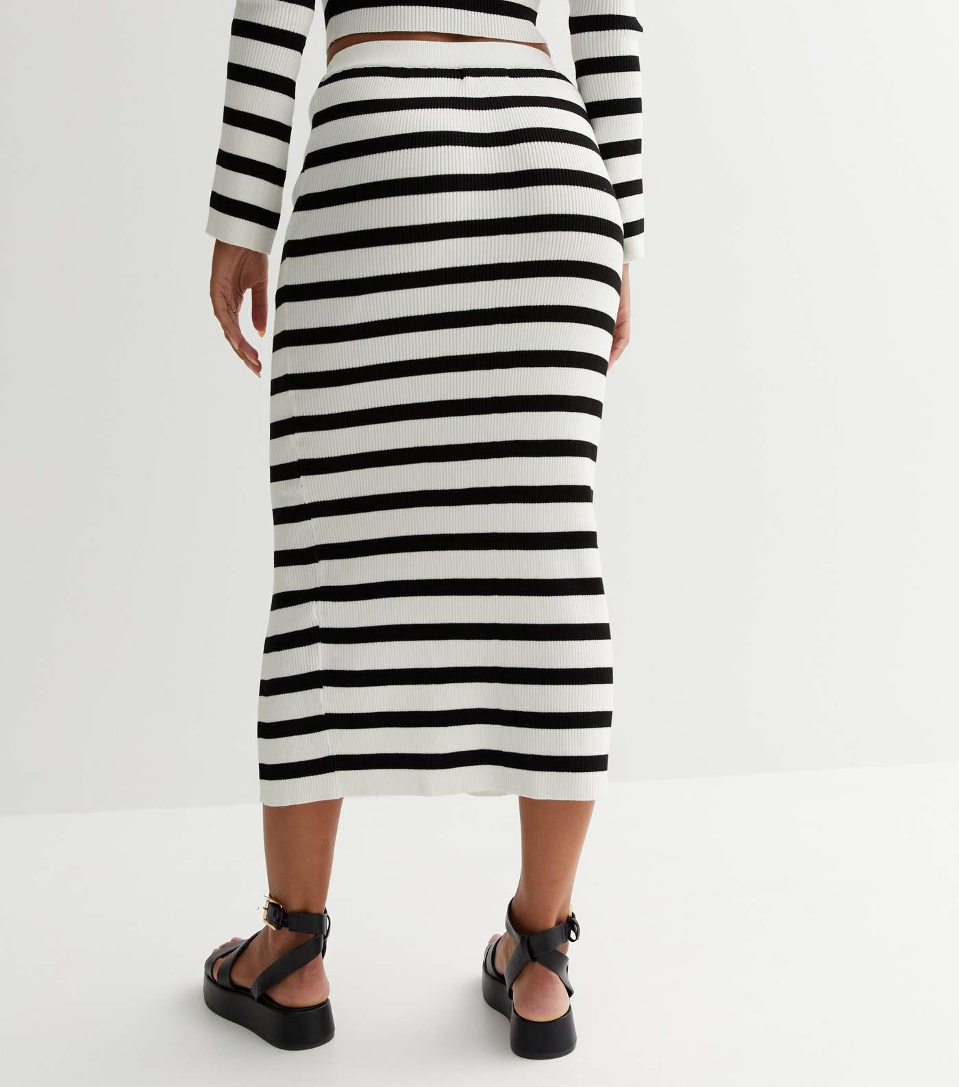 White Stripe Ribbed Knit Midi Skirt Image 4