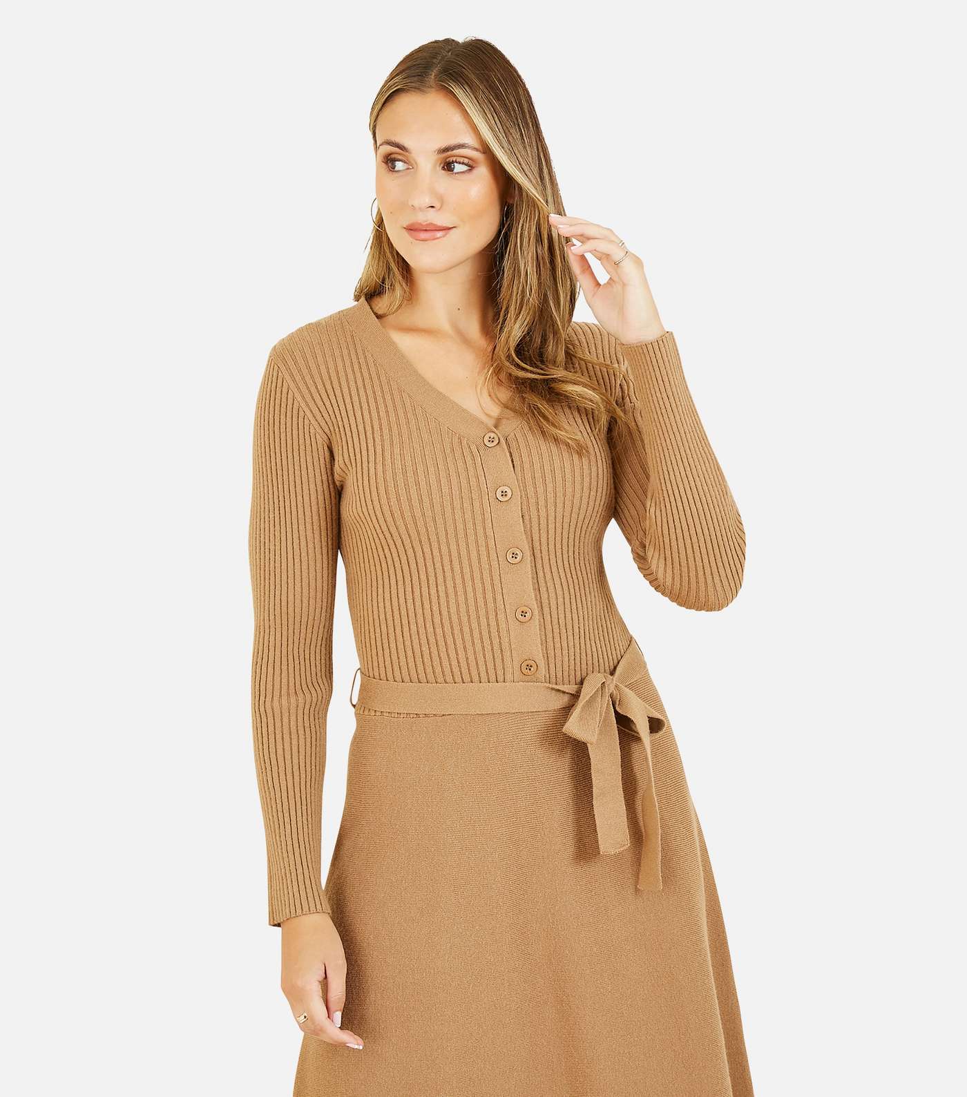 Yumi Light Brown Ribbed Knit Long Sleeve Button Front Midi Dress Image 2