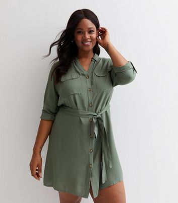 Vero Moda Curve Grey Long Sleeve Belted Mini Shirt Dress | New Look