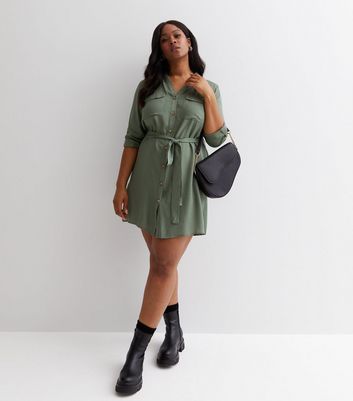 Vero Moda Curve Grey Long Sleeve Belted Mini Shirt Dress | New Look