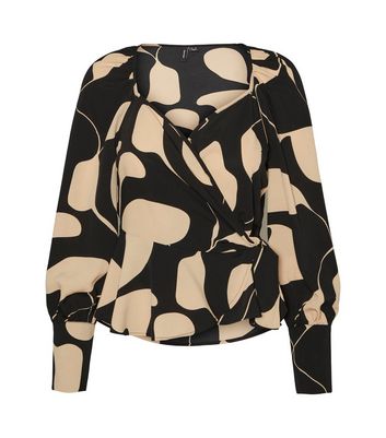 Vero Moda Curve Black Abstract Long Sleeve Wrap Top | New Look