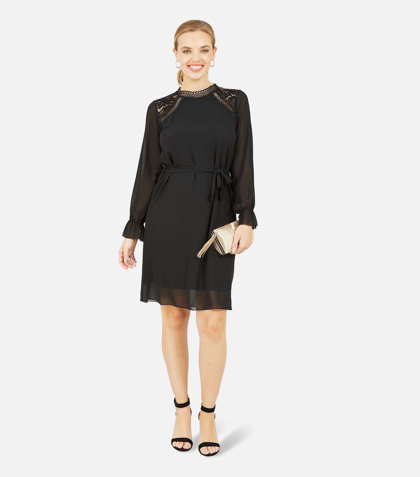 Mela Black High Neck Long Sleeve Lace Trim Belted Mini Dress Image 3