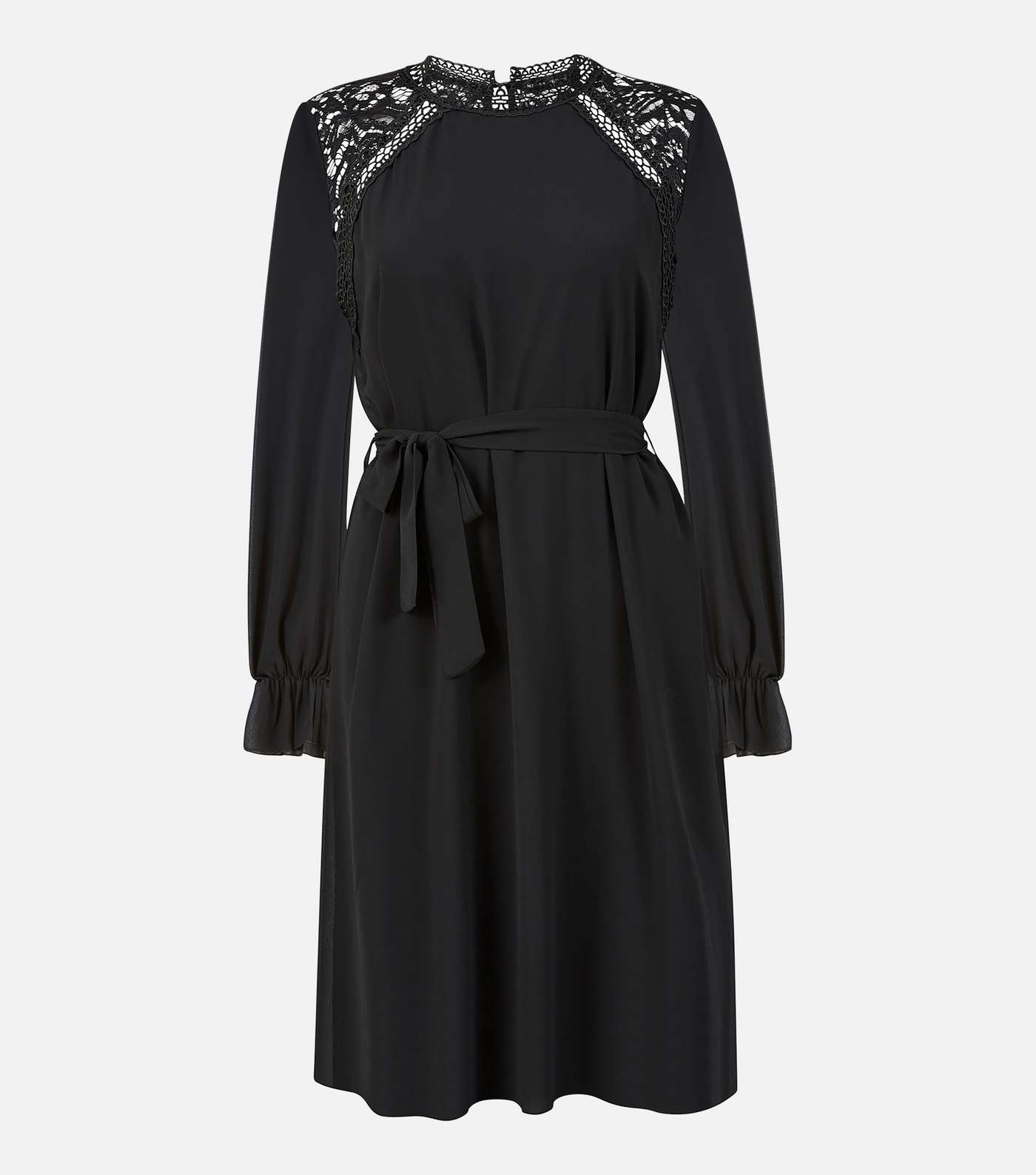 Mela Black High Neck Long Sleeve Lace Trim Belted Mini Dress Image 5
