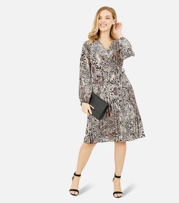 Mela Brown Animal Paisley Print Long Sleeve Pleated Midi Wrap Dress New Look
