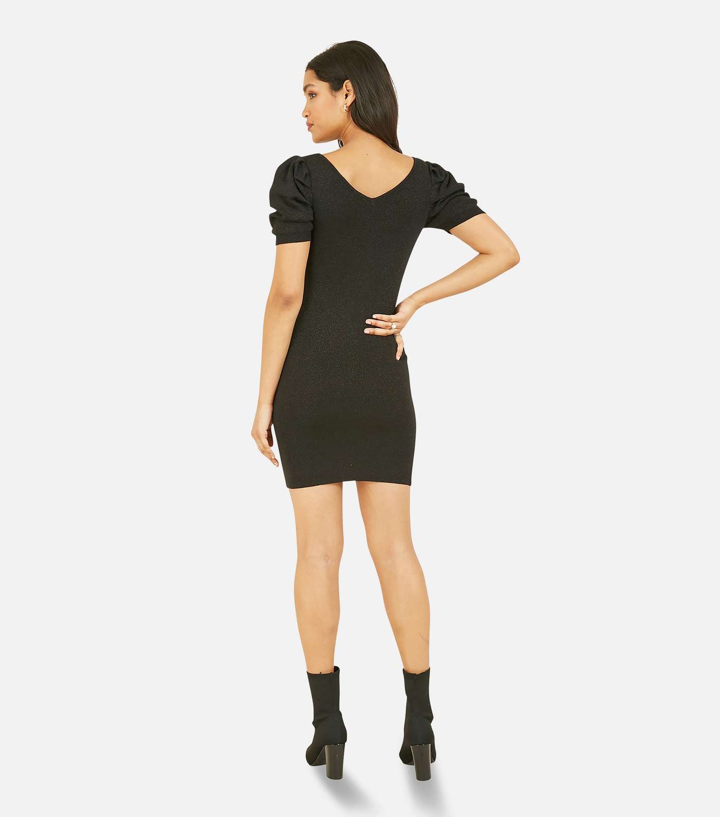 Mela Black Glitter Knit Short Puff Sleeve Mini Bodycon Dress Image 3
