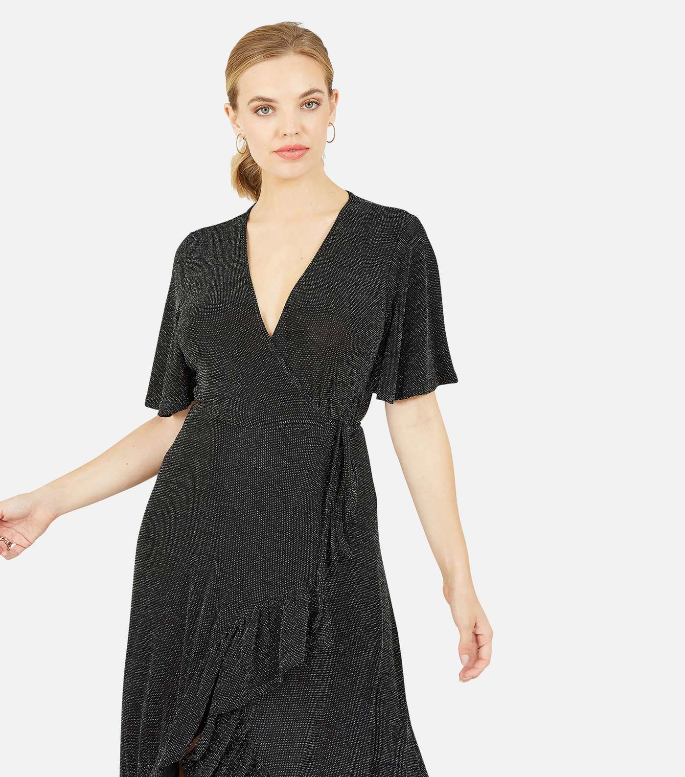 Mela Black Glitter Short Sleeve Frill Midi Wrap Dress Image 2