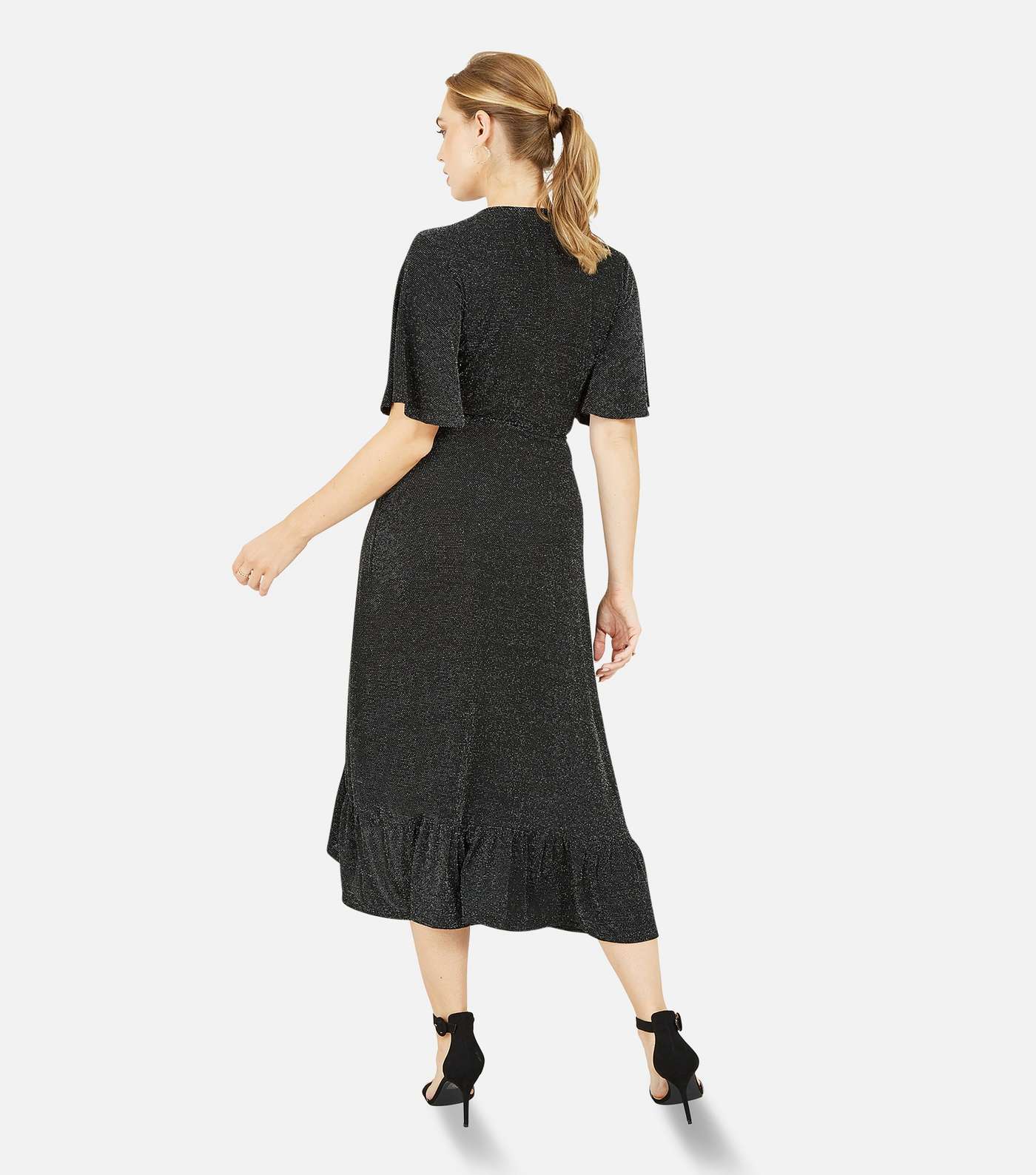 Mela Black Glitter Short Sleeve Frill Midi Wrap Dress Image 4