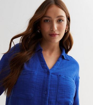Bright Blue Button Front Crop Shirt New Look