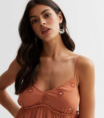 Rust Embroidered Peplum Cami Top