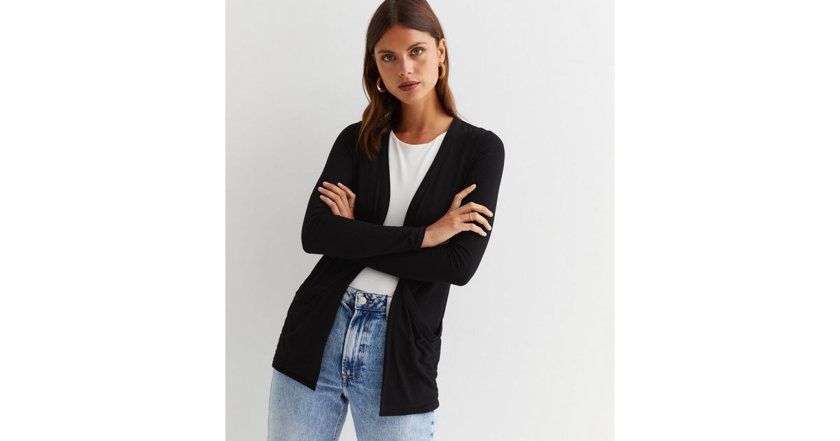 Black Jersey Long Sleeve Pocket Cardigan New Look