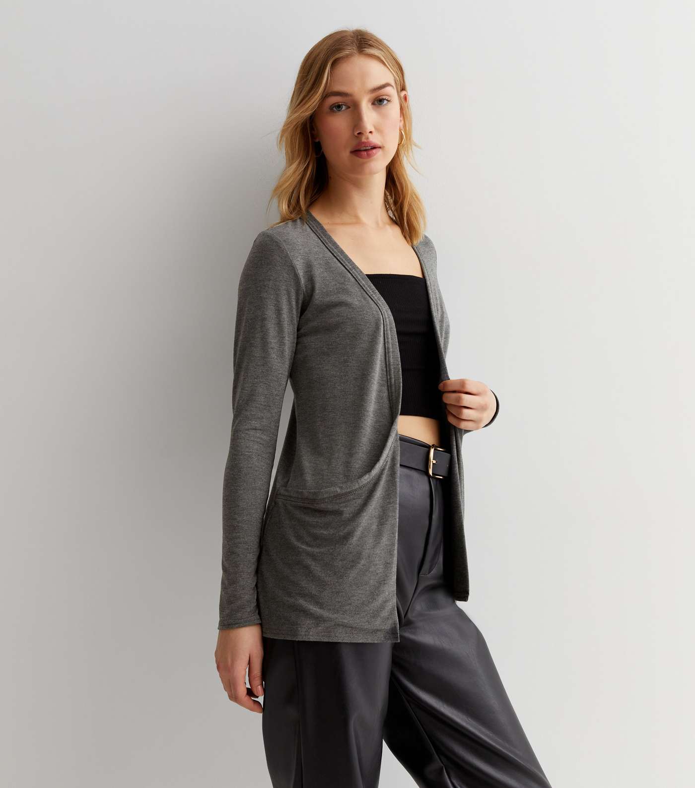 Dark Grey Jersey Long Sleeve Pocket Cardigan