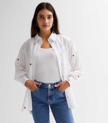 White Sunflower Embroidered Poplin Oversized Shirt