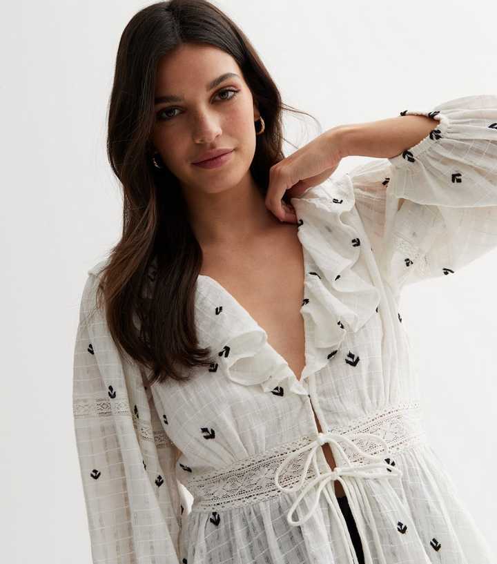 White Embroidered Tassel Tie Front Top