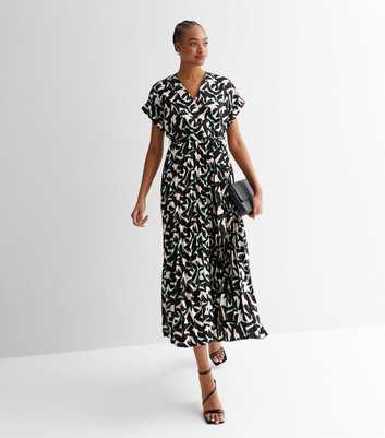 Tall Black Abstract Satin Short Sleeve Pleated Midi Wrap Dress