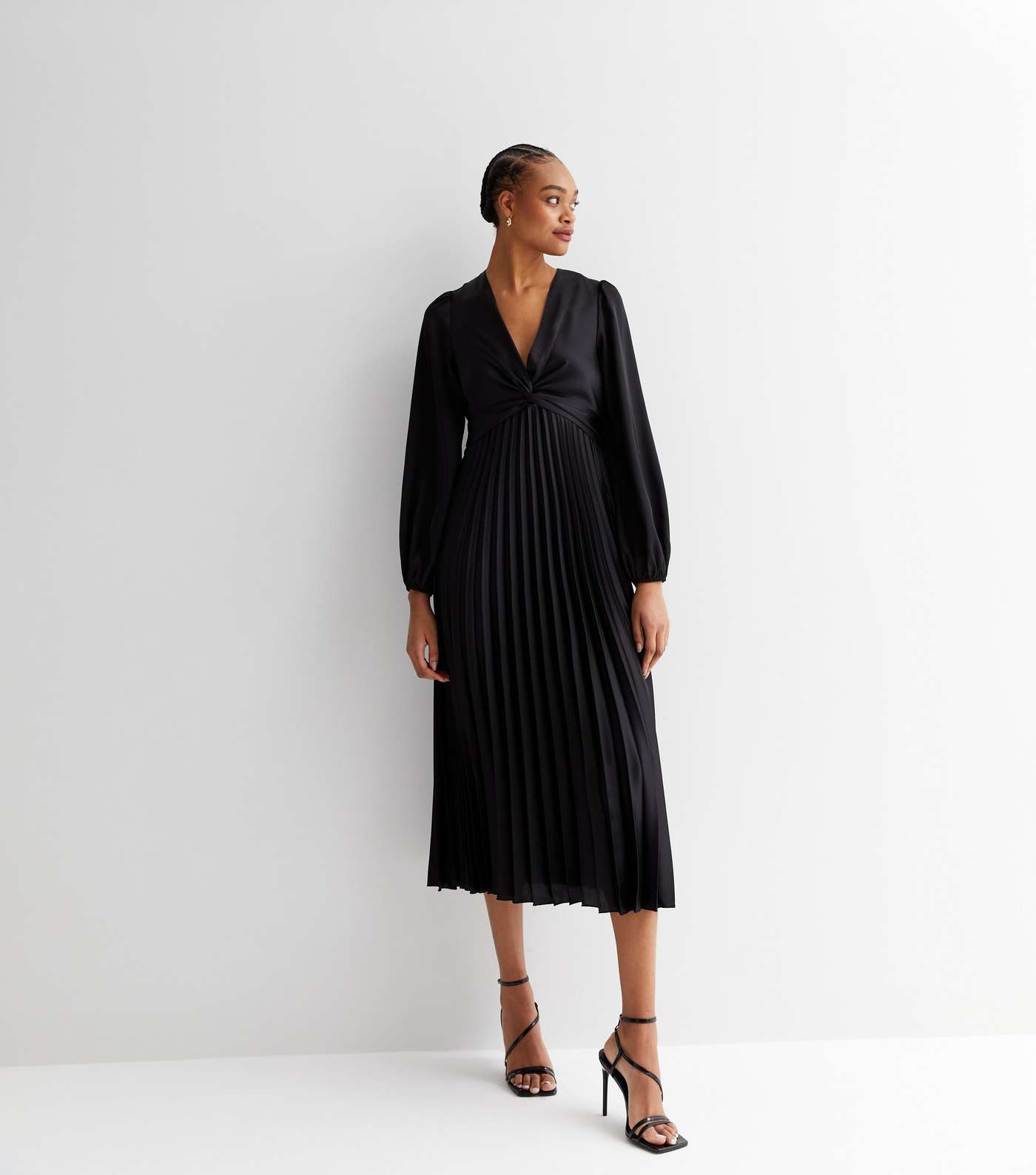 Tall Black Satin Twist Front Pleated Midi Dress Image 2