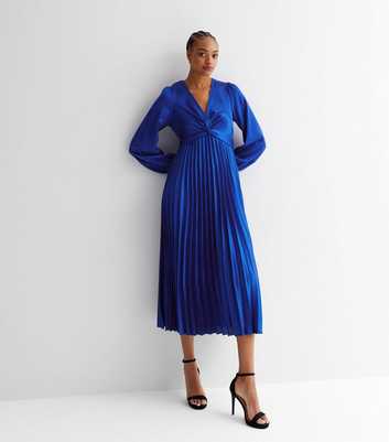 Tall Blue Satin Twist Front Pleated Hem Midi Dress
