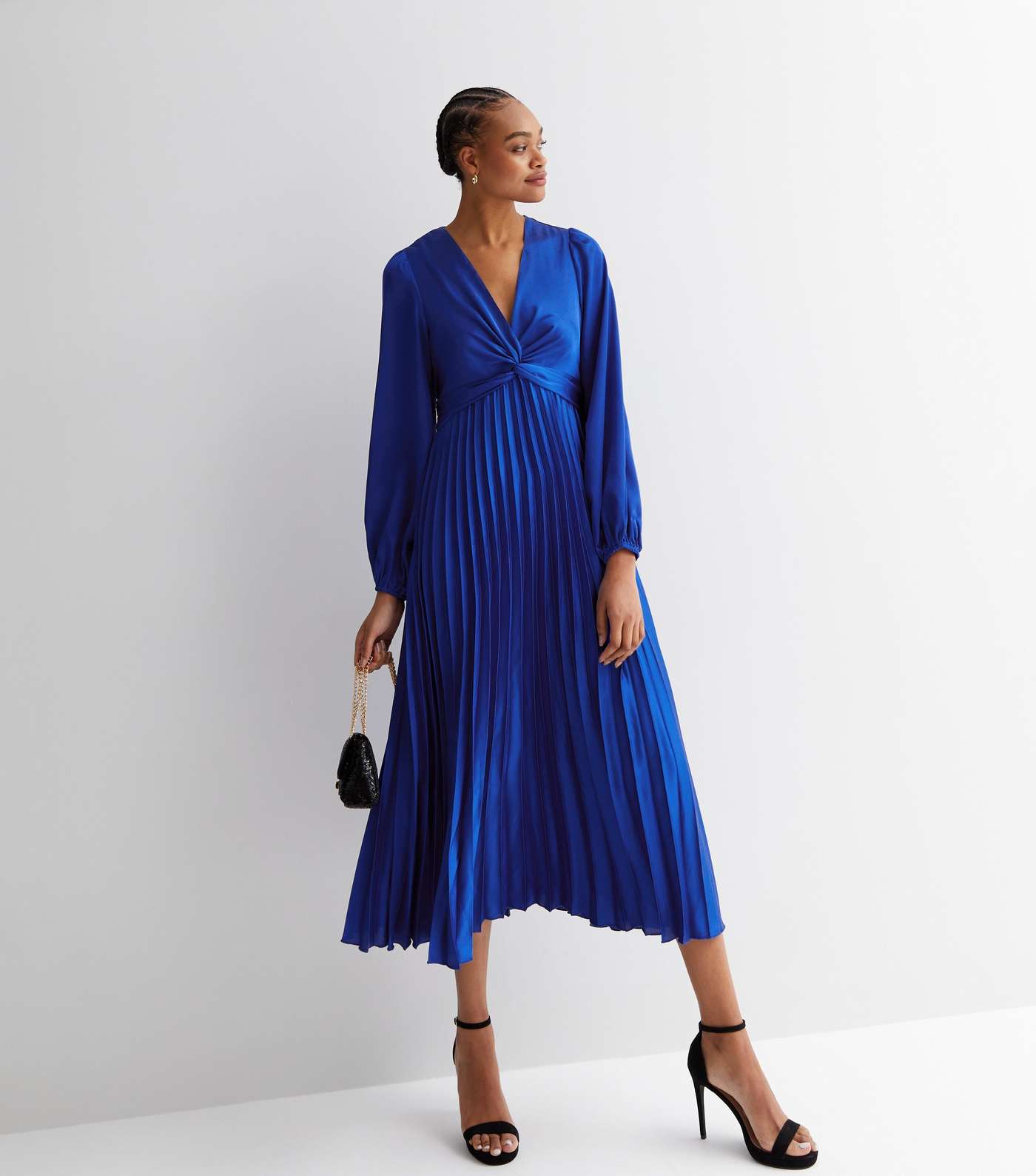 Tall Blue Satin Twist Front Pleated Hem Midi Dress Image 2