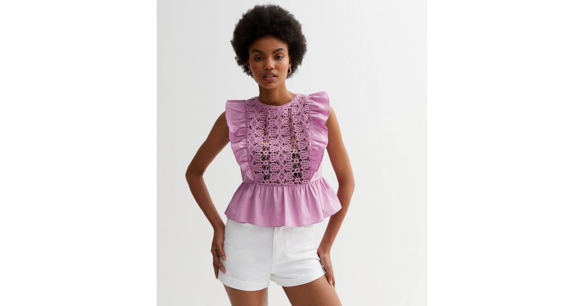 Light Purple Crochet Ruffle Peplum Blouse | New Look