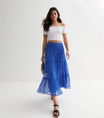 Blue Spot Chiffon High Waist Tiered Midi Skirt | New Look