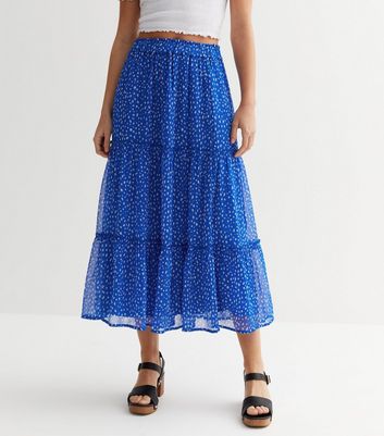 Blue Spot Chiffon High Waist Tiered Midi Skirt | New Look