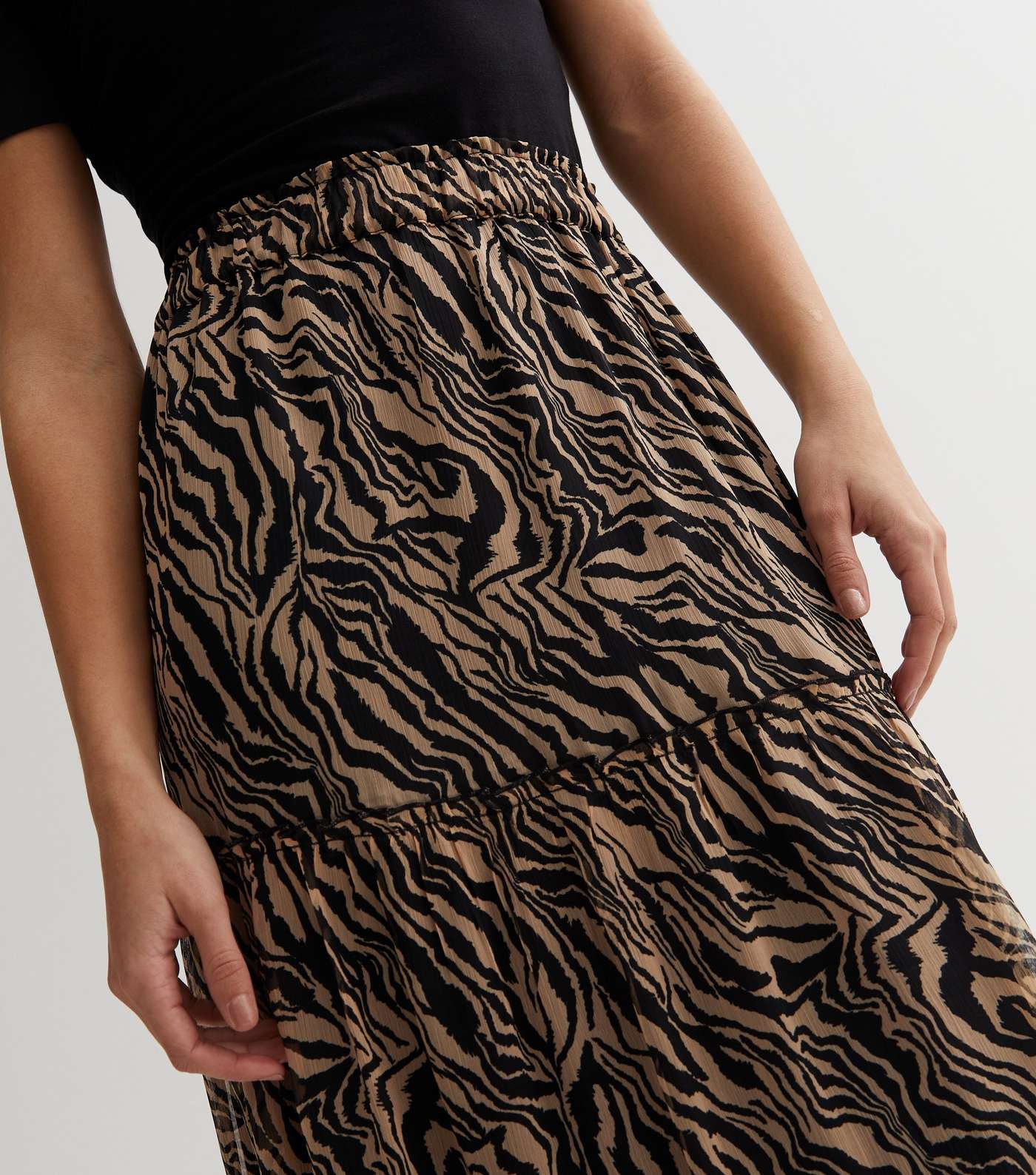 Brown Zebra Print Tiered Midi Skirt Image 3