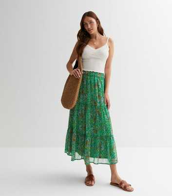 Green Floral Tiered Midi Skirt