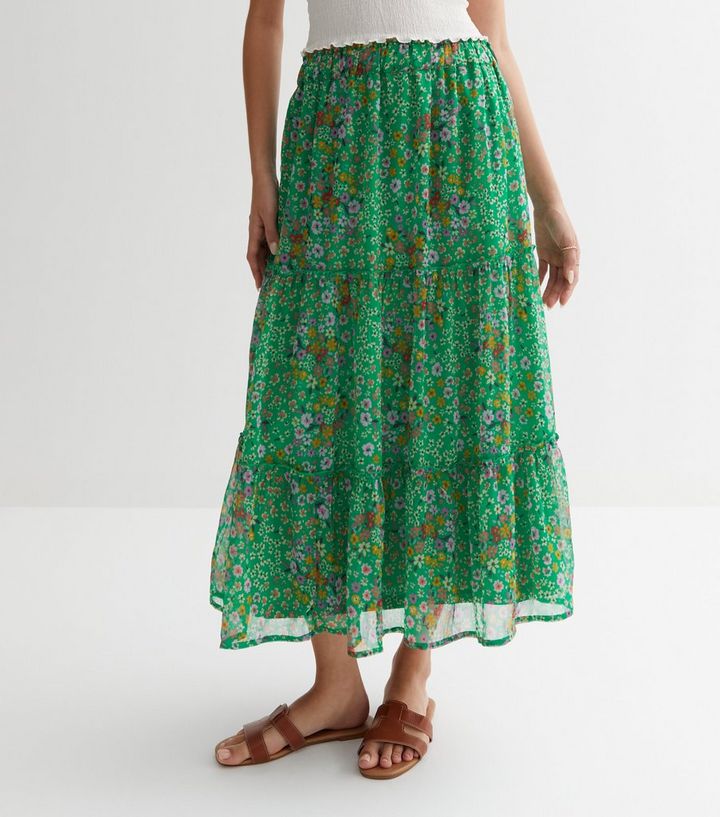 Green Floral Tiered Midi Skirt | New Look