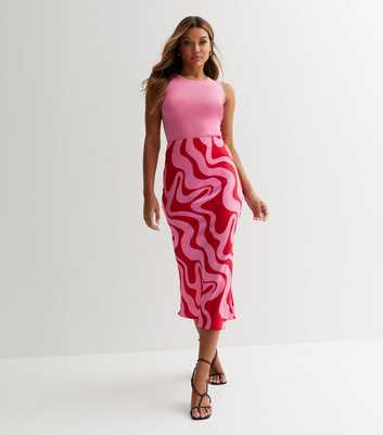 Red Wavy Satin Midi Skirt