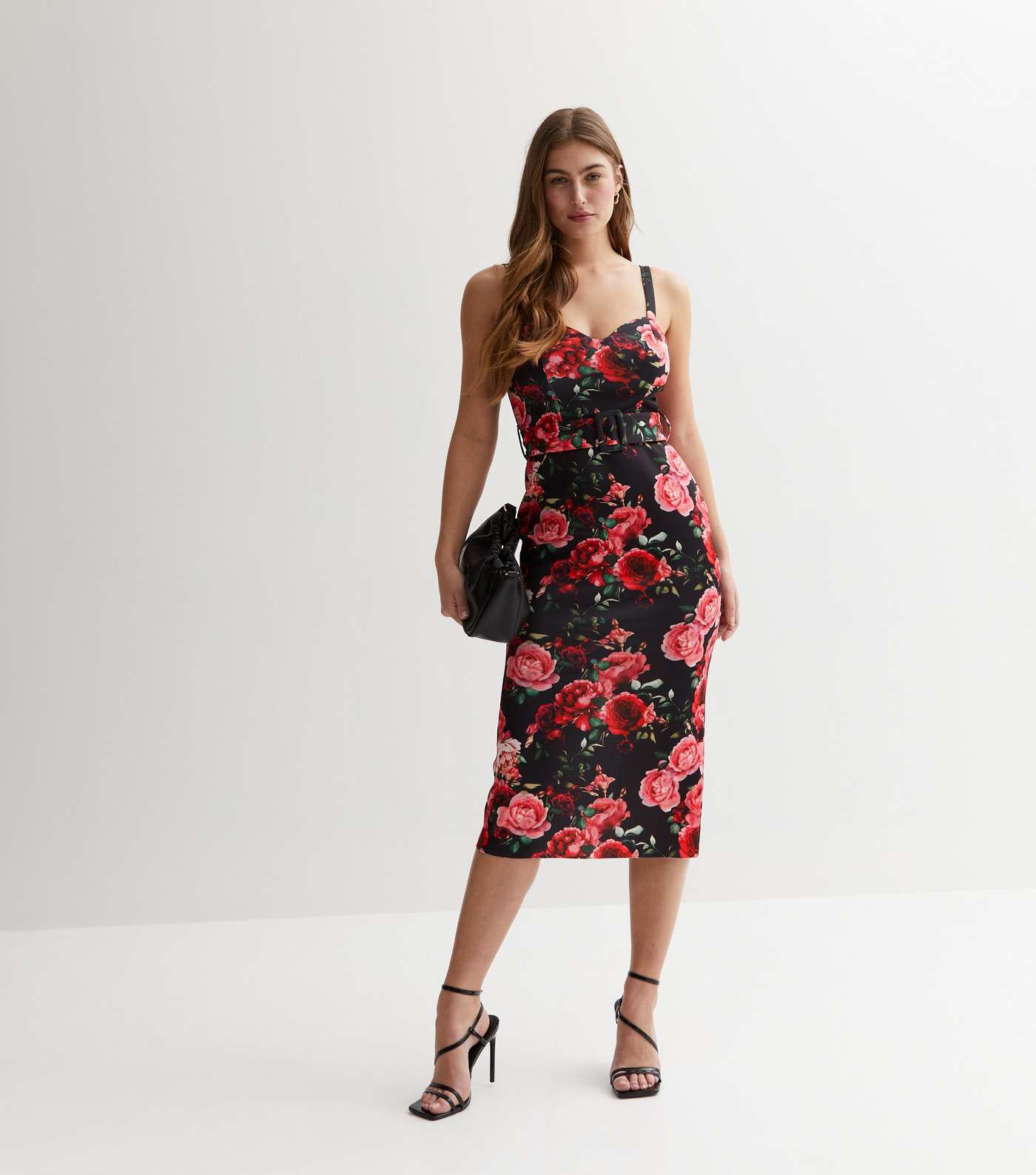 Black Rose Print Sweetheart Strappy Belted Midi Bodycon Dress Image 3