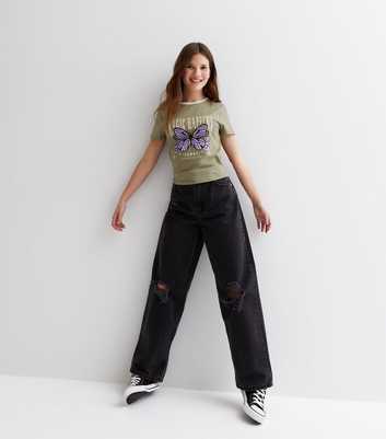 Girls Olive Magic Happens Butterfly Logo Ringer T-Shirt