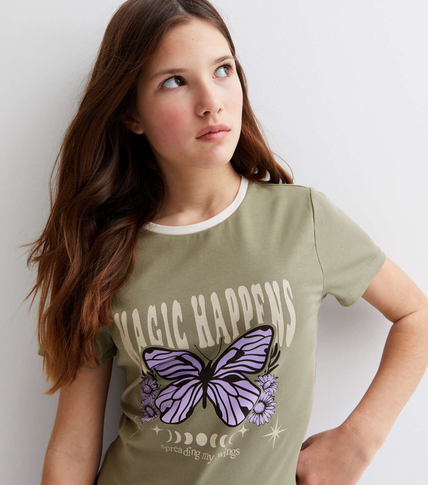 Girls Olive Magic Happens Butterfly Logo Ringer T-Shirt Image 3