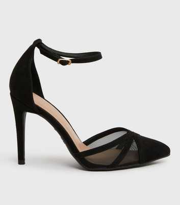 Black Suedette Mesh 2 Part Stiletto Heel Sandals