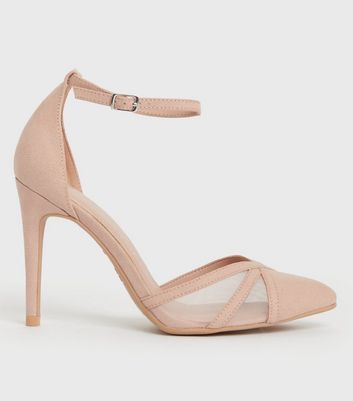 Pale Pink Suedette Mesh 2 Part Stiletto Heel Sandals