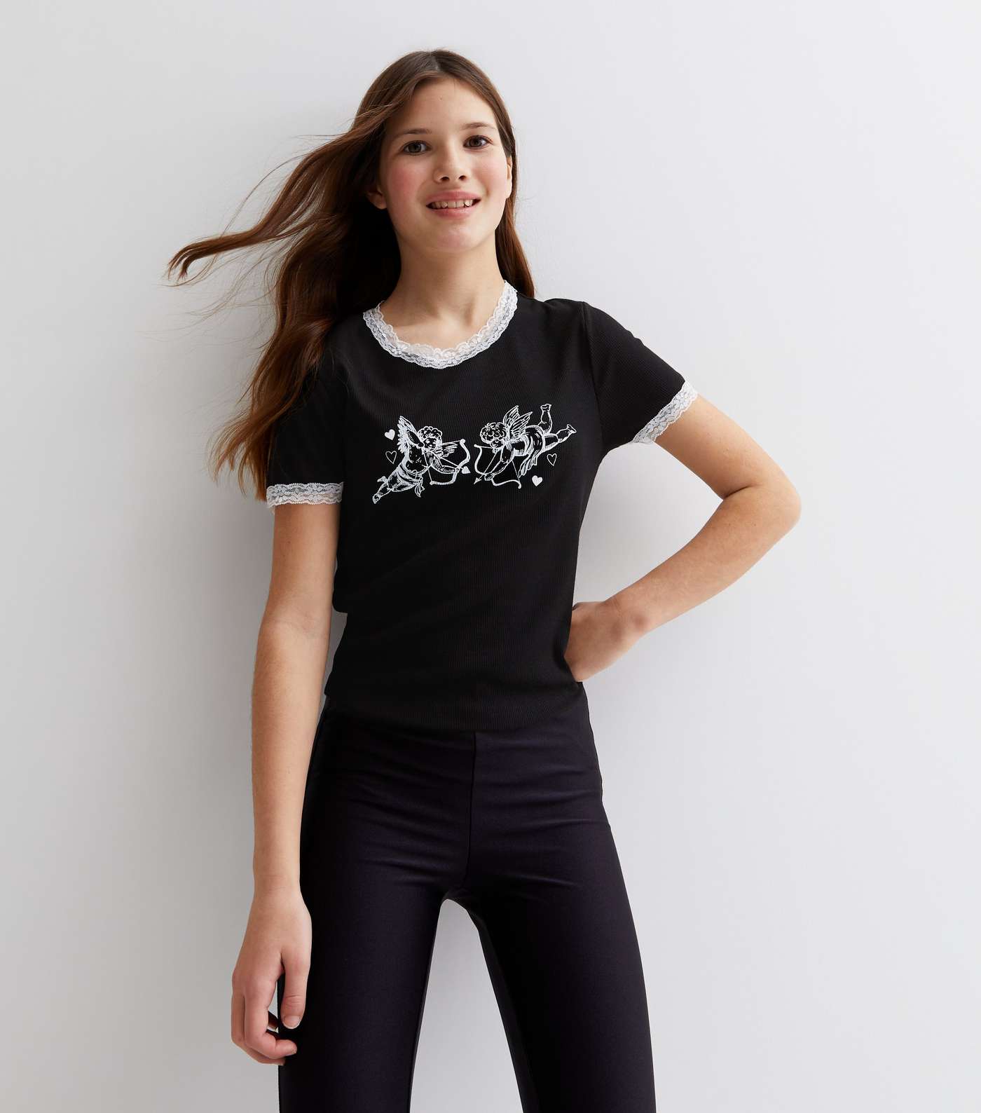 Girls Black Lace Trim Cherub T-Shirt Image 2