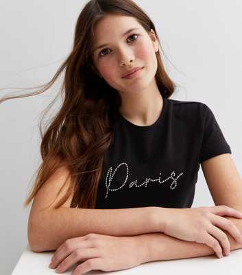 Girls Black Diamanté Paris Logo T-Shirt
