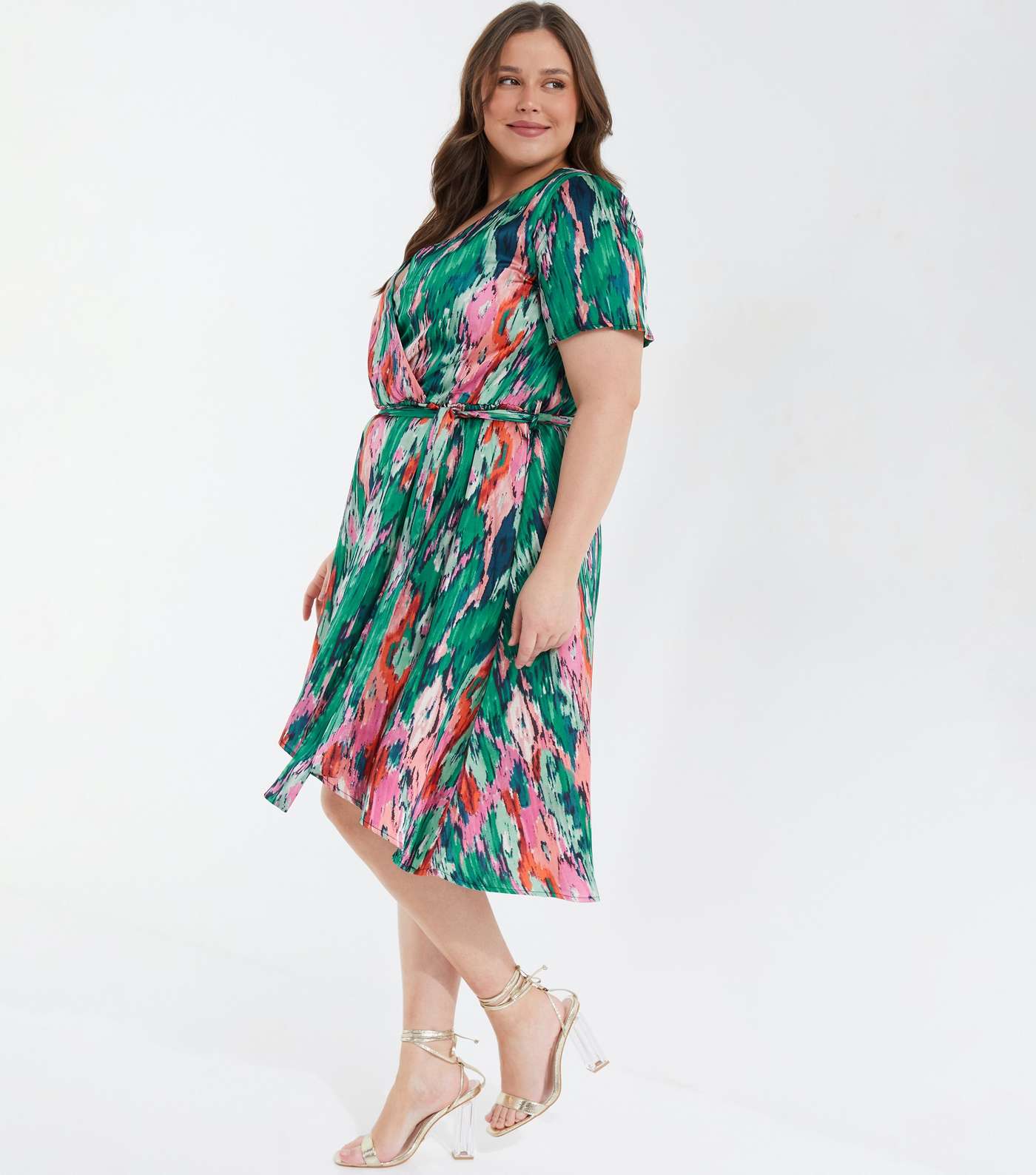 QUIZ Curves Multicoloured Marble Print Satin Wrap Dress Image 2
