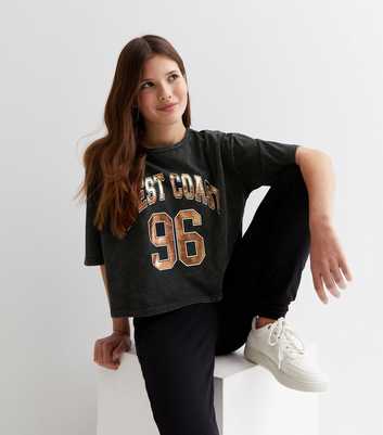Girls Dark Grey Acid Wash Metallic Logo T-Shirt