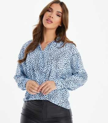 QUIZ Pale Blue Animal Print Satin Long Sleeve Wrap Top