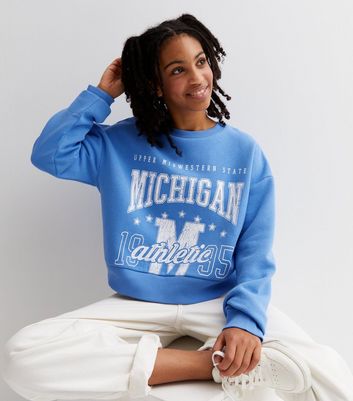 Girls Bright Blue Michigan Logo Crop Sweatshirt | New Look